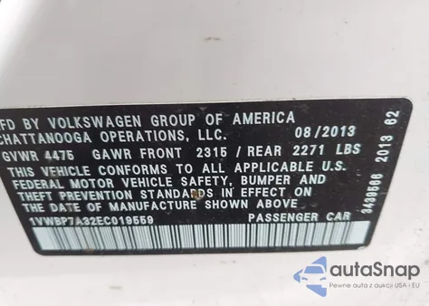 2014 Volkswagen Passat 2.5L Se из США, поврежденный, VIN 1VWBP7A32EC019559